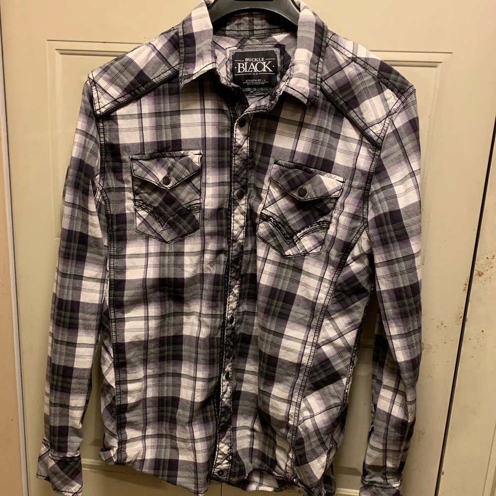 Buckle Black Purple Plaid Long Sleeve Shirt Large